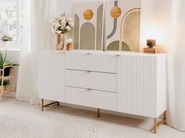 Sideboard Hawick in wei� matt mit 3D-Wellenstruktur Wohn- und Esszimmer Kommode 179 x 90 cm