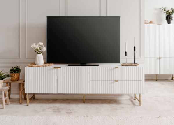 TV-Lowboard Hawick in wei� matt mit 3D-Wellenstruktur TV Unterteil in Komforth�he 179 x 61 cm