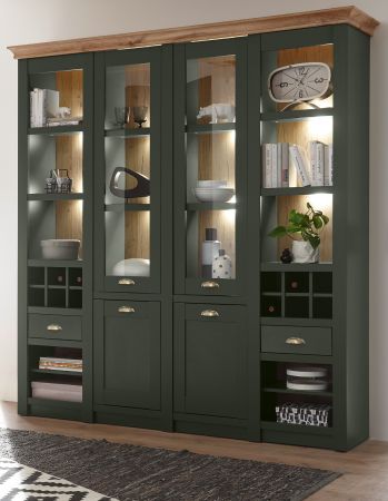 Buffetschrank Norwich in gr�n und Wotan Eiche Landhaus Vitrinenschrank mit Weinregal 194 x 207 cm
