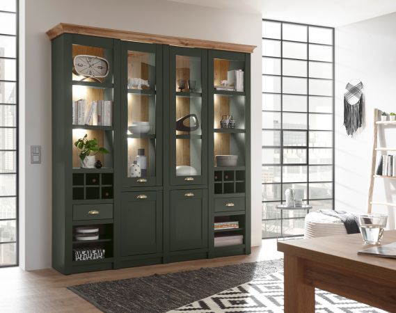 Buffetschrank Norwich in gr�n und Wotan Eiche Landhaus Vitrinenschrank mit Weinregal 194 x 207 cm