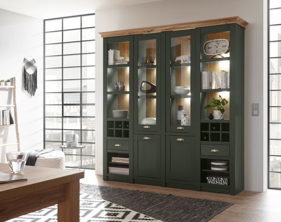 Buffetschrank Norwich in gr�n und Wotan Eiche Landhaus Vitrinenschrank mit Weinregal 194 x 207 cm