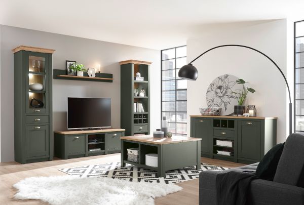 Buffetschrank Norwich in gr�n und Wotan Eiche Landhaus Vitrinenschrank mit Weinregal 194 x 207 cm