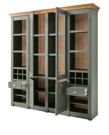 Buffetschrank Norwich in gr�n und Wotan Eiche Landhaus Vitrinenschrank mit Weinregal 194 x 207 cm