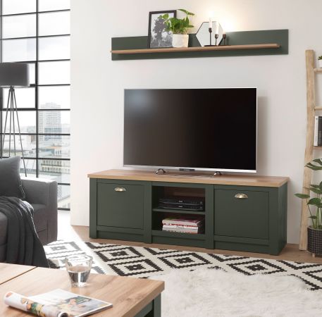 TV-Lowboard Norwich in gr�n und Wotan Eiche Landhaus TV Unterteil 152 x 51 cm