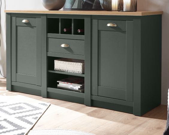 Sideboard Norwich in gr�n und Wotan Eiche Landhaus Kommode mit Weinregal 145 x 83 cm