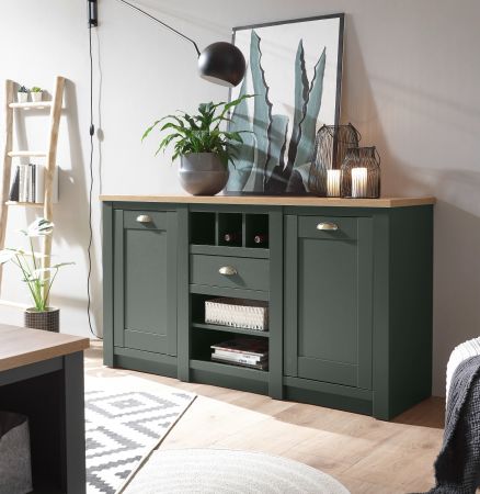 Sideboard Norwich in gr�n und Wotan Eiche Landhaus Kommode mit Weinregal 145 x 83 cm