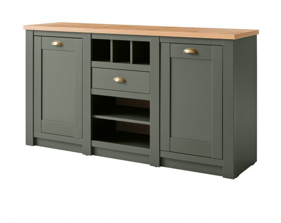 Sideboard Norwich in gr�n und Wotan Eiche Landhaus Kommode mit Weinregal 145 x 83 cm