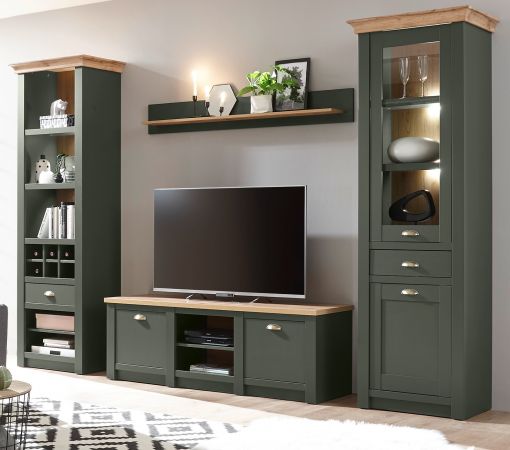 Wohnwand Norwich in gr�n und Wotan Eiche Landhaus Wohnkombination 4-teilig 308 x 207 cm