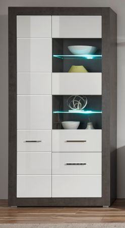 Vitrine Briard in wei� Hochglanz und grau Stone Wohn- und Esszimmer Vitrinenschrank 100 x 198 cm