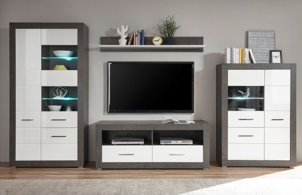 Vitrine Briard in wei� Hochglanz und grau Stone Wohn- und Esszimmer Vitrinenschrank 100 x 198 cm