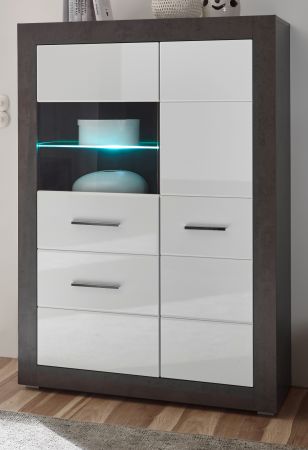 Vitrine Briard in wei� Hochglanz und grau Stone Wohn- und Esszimmer Vitrinenschrank 100 x 142 cm