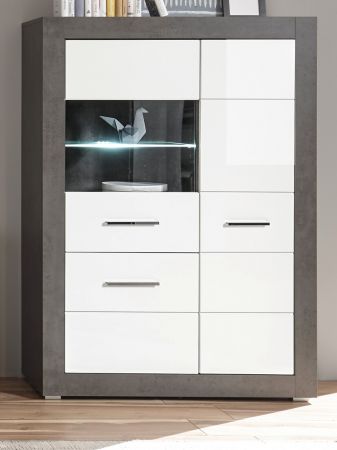 Vitrine Briard in wei� Hochglanz und grau Stone Wohn- und Esszimmer Vitrinenschrank 100 x 142 cm
