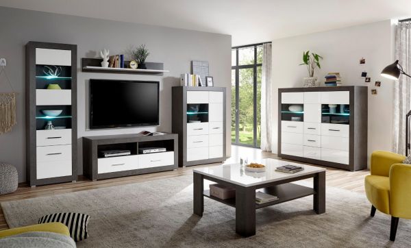 Vitrine Briard in wei� Hochglanz und grau Stone Wohn- und Esszimmer Vitrinenschrank 100 x 142 cm