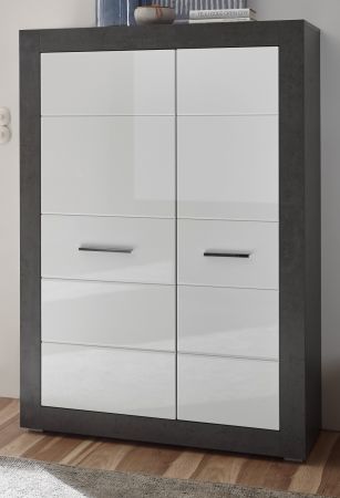 Highboard Briard in wei� Hochglanz und grau Stone Wohn- und Esszimmer Kommode 100 x 142 cm