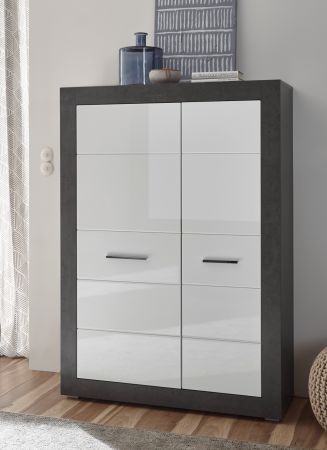 Highboard Briard in wei� Hochglanz und grau Stone Wohn- und Esszimmer Kommode 100 x 142 cm