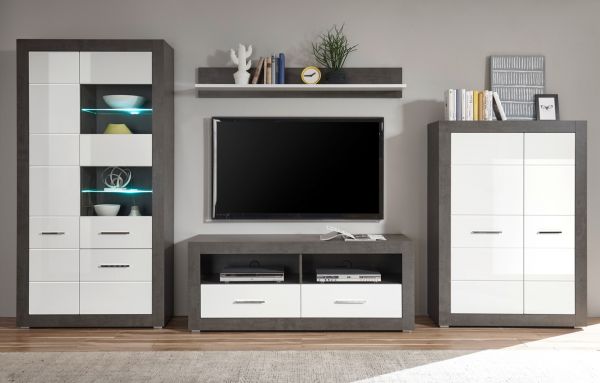 Highboard Briard in wei� Hochglanz und grau Stone Wohn- und Esszimmer Kommode 100 x 142 cm