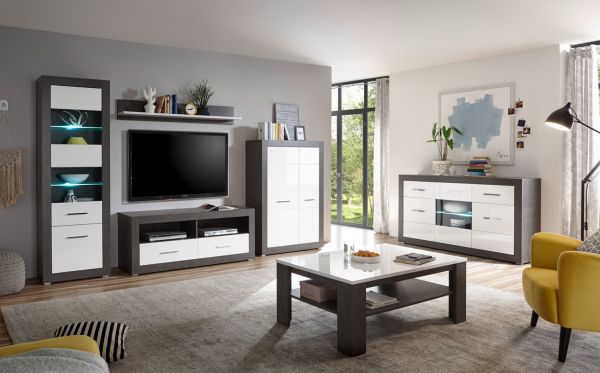 Highboard Briard in wei� Hochglanz und grau Stone Wohn- und Esszimmer Kommode 100 x 142 cm