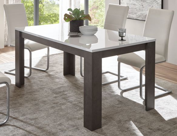 Esstisch Briard in wei� Hochglanz und grau Stone K�chentisch ausziehbar mit Einlegeplatte 158 - 200 x 88 cm