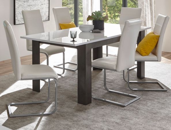 Esstisch Briard in wei� Hochglanz und grau Stone K�chentisch ausziehbar mit Einlegeplatte 158 - 200 x 88 cm