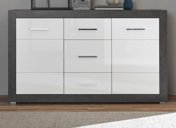 Sideboard Briard in wei� Hochglanz und grau Stone Wohn- und Esszimmer Kommode 164 x 97 cm