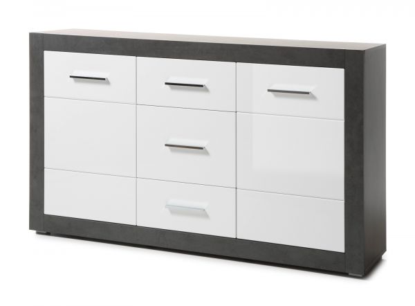 Sideboard Briard in wei� Hochglanz und grau Stone Wohn- und Esszimmer Kommode 164 x 97 cm