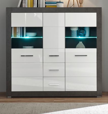 Highboard Briard in wei� Hochglanz und grau Stone Wohn- und Esszimmer Vitrine 149 x 142 cm