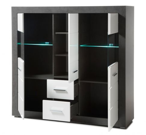 Highboard Briard in wei� Hochglanz und grau Stone Wohn- und Esszimmer Vitrine 149 x 142 cm