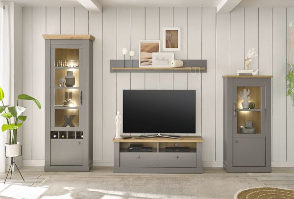 Vitrine Rideau in grau und Artisan Eiche Landhaus Vitrinenschrank 68 x 142 cm