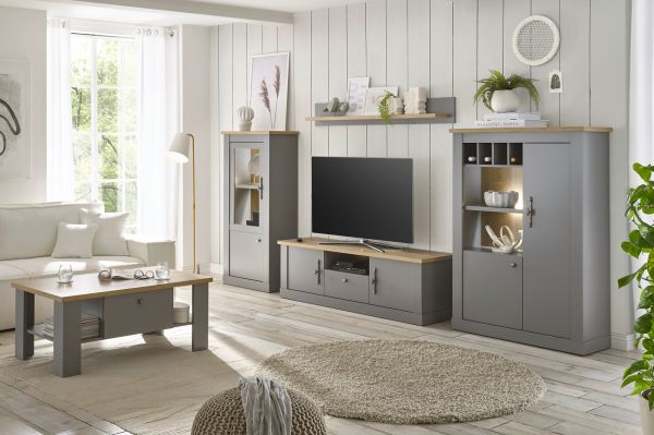 Vitrine Rideau in grau und Artisan Eiche Landhaus Vitrinenschrank 68 x 142 cm