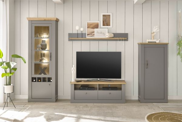 Kommode Rideau in grau und Artisan Eiche Landhaus Highboard 68 x 142 cm
