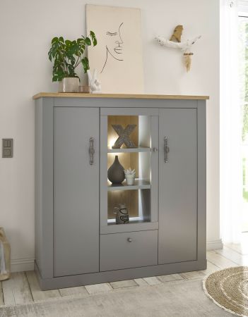 Highboard Rideau in grau und Artisan Eiche Landhaus Vitrine 138 x 142 cm