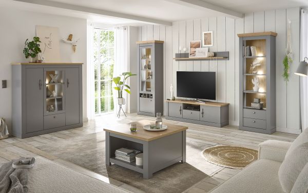 Highboard Rideau in grau und Artisan Eiche Landhaus Vitrine 138 x 142 cm