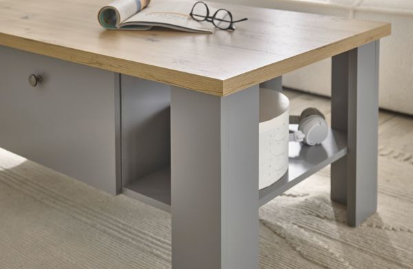 Couchtisch Rideau in grau und Artisan Eiche Landhaus Beistelltisch mit Ablage und 2 x Schubkasten 107 x 67 cm
