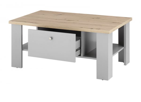 Couchtisch Rideau in grau und Artisan Eiche Landhaus Beistelltisch mit Ablage und 2 x Schubkasten 107 x 67 cm