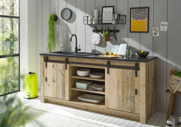 K�chenschrank Stove in Used Wood hell und anthrazit K�che Unterschrank f�r Sp�le oder Kochfeld 201 x 93 cm