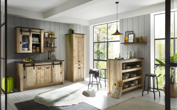 K�che mit Theke Stove in Used Wood hell und anthrazit K�chenschrank Set 6-teilig