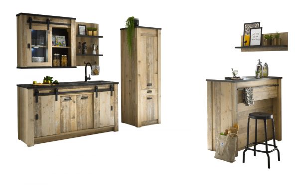 K�che mit Theke Stove in Used Wood hell und anthrazit K�chenschrank Set 6-teilig