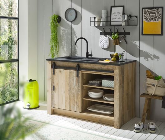 K�che mit Theke Stove in Used Wood hell und anthrazit K�chenschrank Set 5-teilig