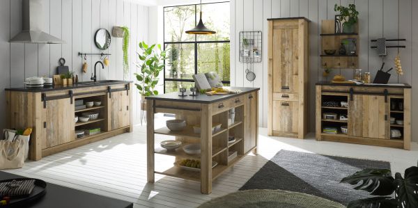 K�che mit Kochinsel Stove in Used Wood hell und anthrazit K�chenschrank Set 5-teilig