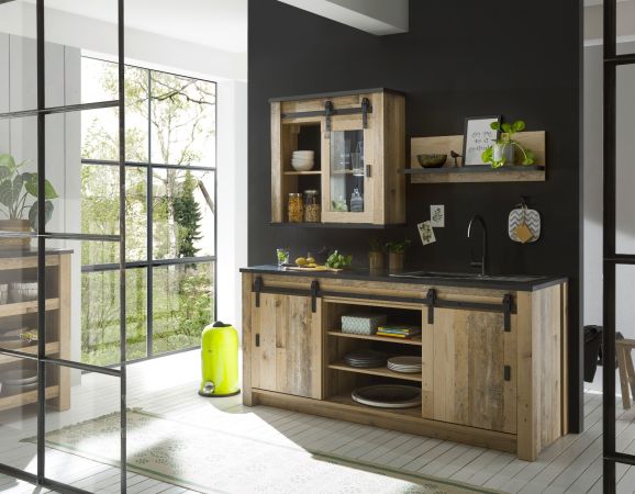 K�che Stove in Used Wood hell und anthrazit K�chenschrank Set 3-teilig