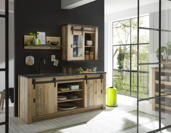K�che Stove in Used Wood hell und anthrazit K�chenschrank Set 3-teilig