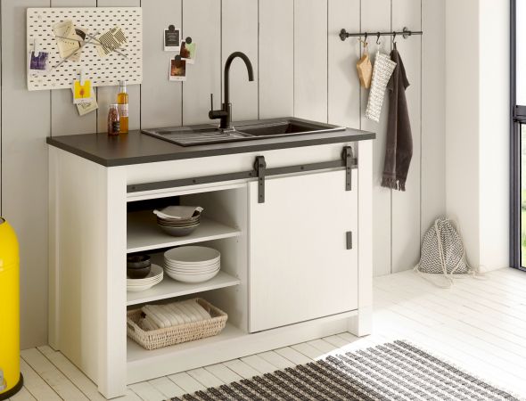 K�chenschrank Stove in wei� Pinie und anthrazit Landhaus K�che Unterschrank f�r Sp�le oder Kochfeld 133 x 93 cm