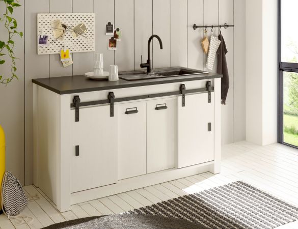 K�chenschrank Stove in wei� Pinie und anthrazit Landhaus K�che Unterschrank f�r Sp�le oder Kochfeld 161 x 93 cm