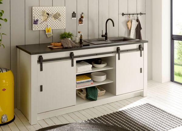 K�chenschrank Stove in wei� Pinie und anthrazit Landhaus K�che Unterschrank f�r Sp�le oder Kochfeld 200 x 93 cm