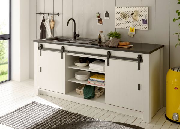 K�chenschrank Stove in wei� Pinie und anthrazit Landhaus K�che Unterschrank f�r Sp�le oder Kochfeld 200 x 93 cm