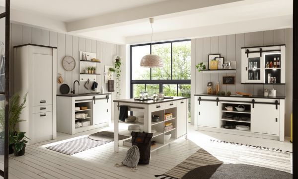K�chenschrank Stove in wei� Pinie und anthrazit Landhaus K�che Unterschrank f�r Sp�le oder Kochfeld 200 x 93 cm