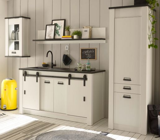 K�chenregal Stove in wei� Pinie und anthrazit Landhaus K�che Wandregal 160 x 30 cm Gew�rzregal
