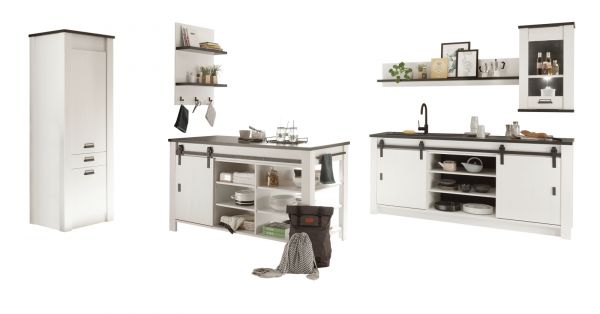 K�che mit Kochinsel Stove in wei� Pinie und anthrazit Landhaus K�chenschrank Set 6-teilig