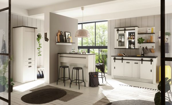 K�che mit Theke Stove in wei� Pinie und anthrazit Landhaus K�chenschrank Set 6-teilig