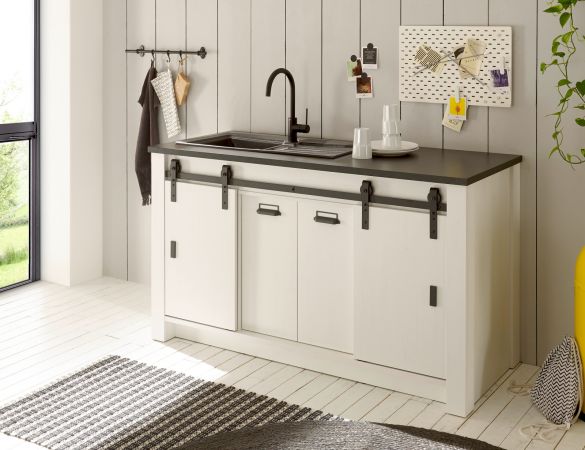 K�che mit Theke Stove in wei� Pinie und anthrazit Landhaus K�chenschrank Set 6-teilig